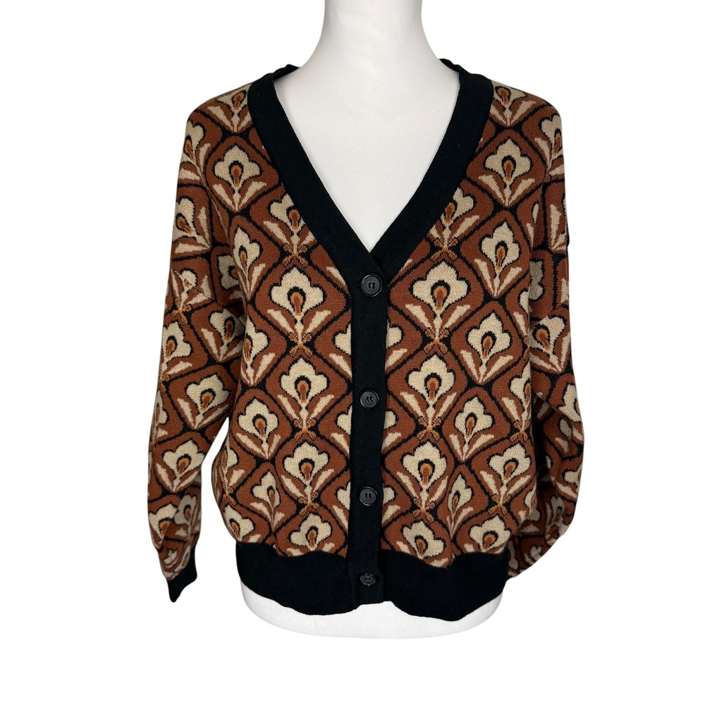 Bohme Women Brown Geometric Floral Tile Button Front Cardigan Sweater Medium
